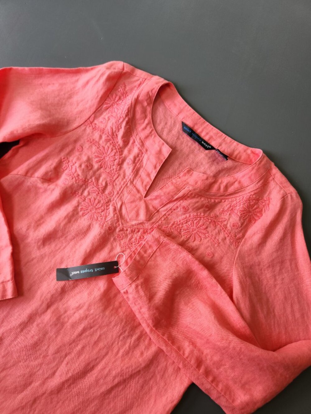 Saint Tropez West Tunic Linen Coral Embroidered Small Coquette Coastal Summer